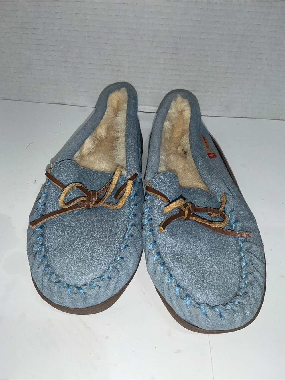 Alpine Swiss Light Blue Suede Moccasin Slippers with Shearling 5W Cozy Winter